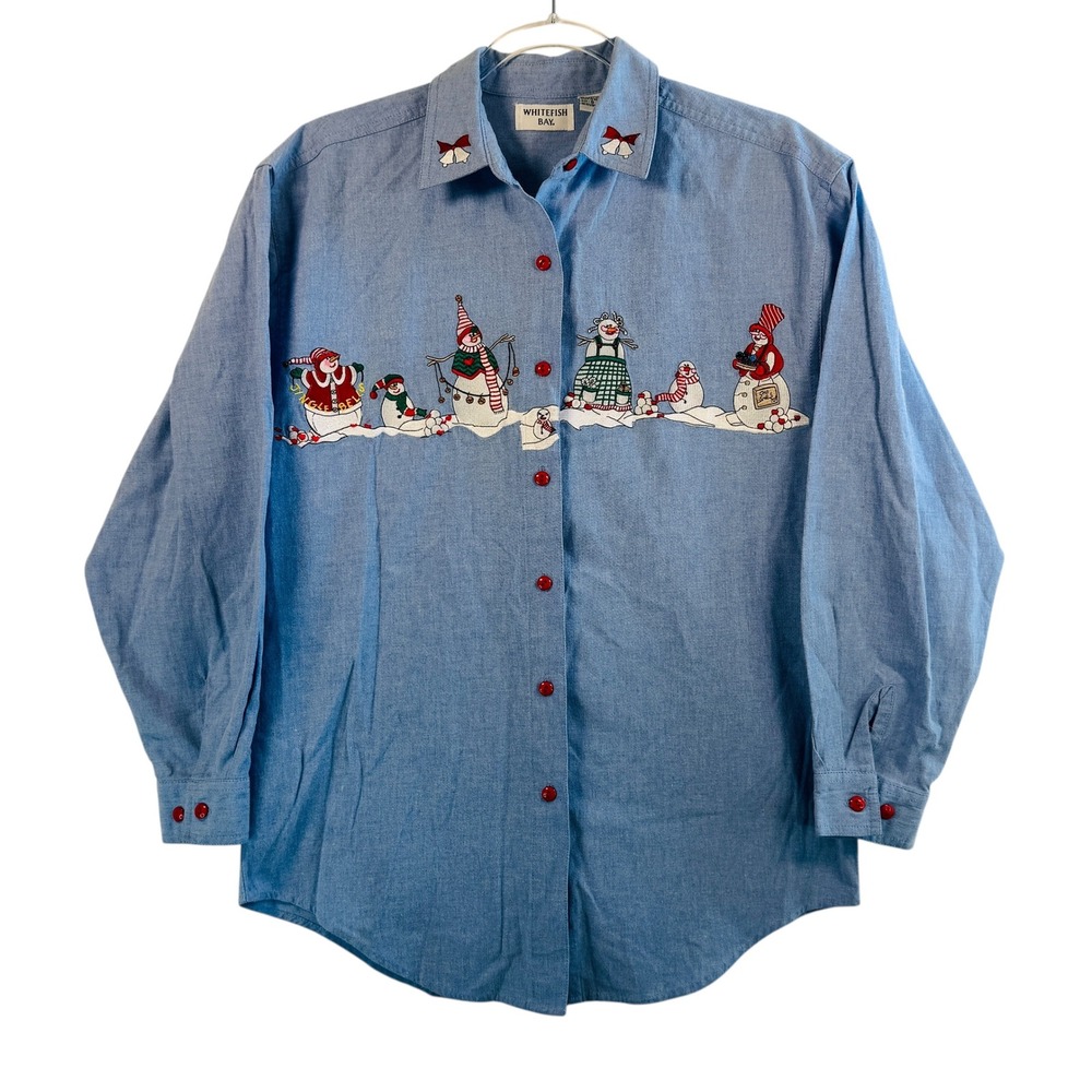 Vtg Christmas Snowman‎ Shirt Chambray Denim Holiday Button Down Top S Festive